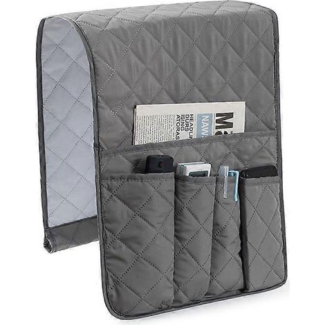 Sac de rangement pour accoudoir de canapé, avec emplacement pour télécommande, porte-revues et sac de rangement, gris. (1/5)