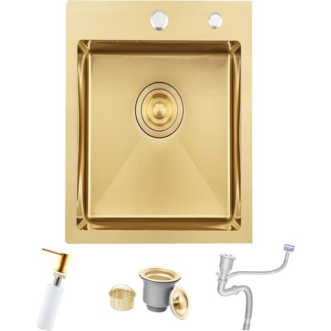 Evier Cuisine 1 Bac 35x45 cm, Petit Evier de Cuisine sous Plan/sur Plan avec 2 Trous de Robinet, Ensemble de Vidange et de Trop-Plein, y Compris Siphon, Installation Flexible, Or Brossé (1/5)