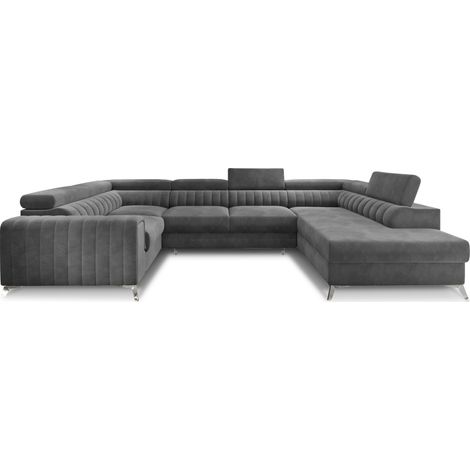 Canapé panoramique convertible LOUVE velours - Rangement et têtières réglables à droite-Gris foncé-Coffre à droite (1/5)