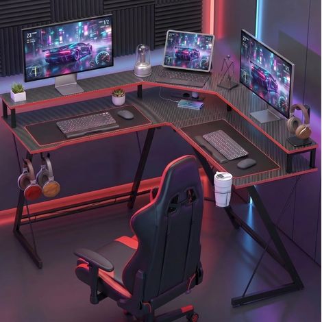 Bureau d'angle L 128 x 128 cm avec prise électrique, support double moniteur, porte-casque et porte-boisson (1/5)