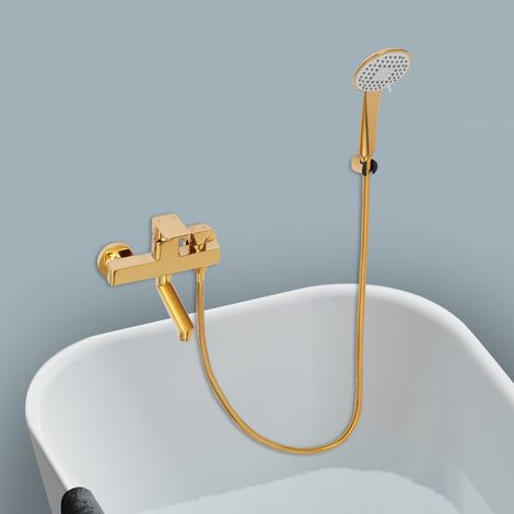 Badewannenarmatur mit Handbrause, Armatur Badewanne Set, Wannenarmatur mit Brause, Wannenbatterie Set, Gold Gebürstet (1/5)