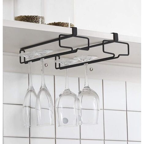 Porte verres à vin noir (lot de 2), support à verres à pied, étagère de rangement suspendue pour sous meuble et cuisine (1/5)