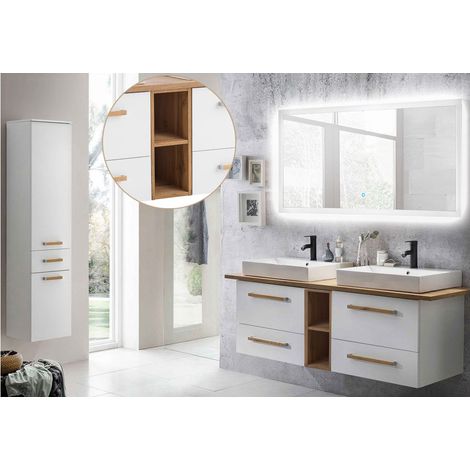 Badmöbel Set in weiß mit Eiche Nb. Landhaus DABO-04 , 165cm Keramik-Waschtisch und LED-Touch-Spiegel, B/H/T ca. 210/200/50 (1/5)