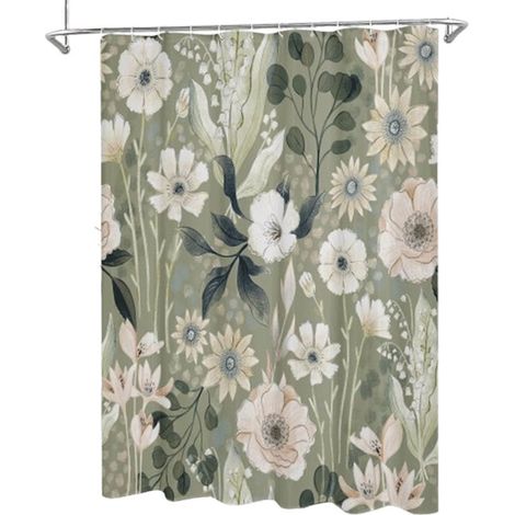 Cortina de ducha - Antimoho - Cortina de baño - Lavable - Estampado floral verde - Apta para baño y bañera - 180 x 200 cm (1/5)