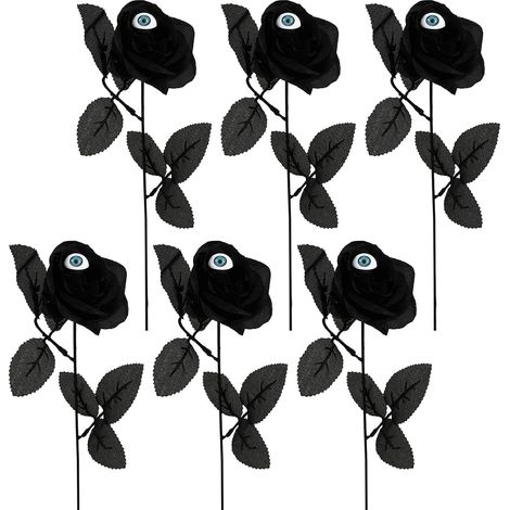 6 roses noires d'Halloween avec globes oculaires Fleurs noires avec tige Rose artificielle (1/5)