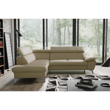 - Canapé d'angle convertible en cuir italien de luxe 5/6 places WARREN II, avec coffre, beige, angle gauche (1/2)