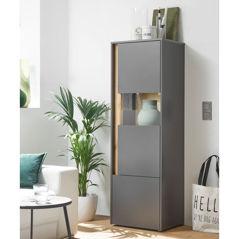 Beleuchteter Vitrinenschrank CRISP-61 in anthrazit mit Absetzungen in Wotan Eiche Nb., B/H/T: ca. 50/155/40 cm (1/5)