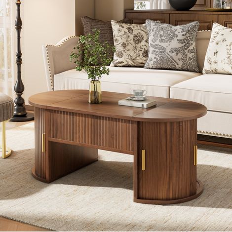 Mesa baja ovalada elevable nogal, en MDF, 100X50X40,5 cm, con almacenamiento y puertas correderas