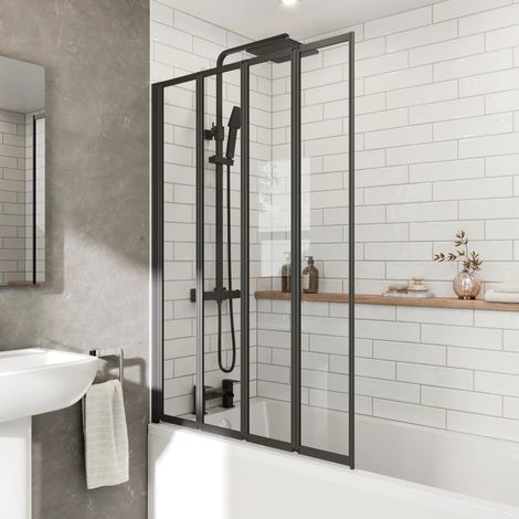 4 Panel 1000 x 1400mm Black Over Bath Glass Shower Screen Folding 4mm (1/5)