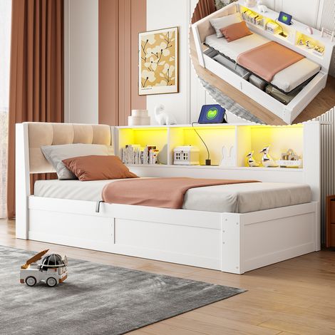 Letto contenitore 90 x 200 cm con vano idraulico, LED, USB, bianco HAVRYA (1/5)