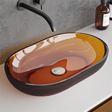 doporro Lavabo da Appoggio Ovale Profondo 54x34x10,5 cm in Resina Trasparente Arancione per Bagno (1/5)