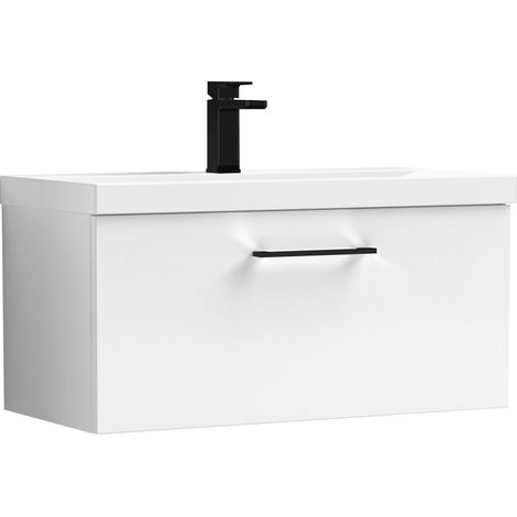 Balterley 800mm Wall Hung Bathroom 1 Drawer Vanity Unit and 1 Tap Hole Ceramic Basin, Gloss White with Black Handle (1/5)