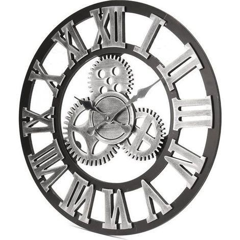 Orologio da parete vintage in legno - TEMPSA - 60 cm - Argento - Ingranaggio in metallo 3D in stile retrò (1/2)