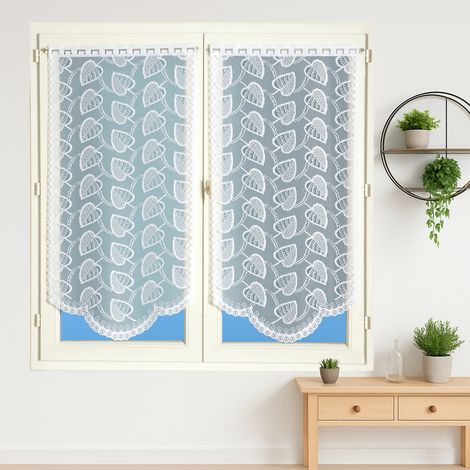 Paire de vitrages dentelle base arrondie feuilles Blanc 60x120 cm (1/2)