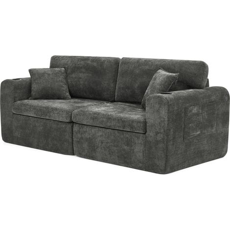 Sofá relax de 2 plazas de chenilla con USB, portavasos y bolsillo lateral, negro (1/5)