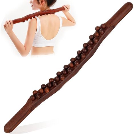 Balle de massage Gua Sha en bois - Rouleau de massage dorsal à 31 billes - Appareil de massage pour le drainage lymphatique et le remodelage corporel - Marron - 59 cm-AquaForge