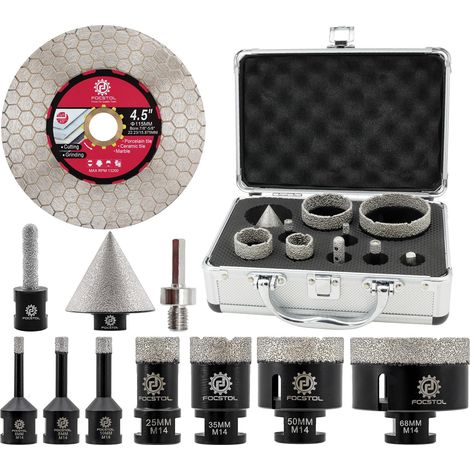 Scie Cloche Carrelage Kit - Foret Diamant Carrelage Kit pour Porcelaine Carrelage Marbre Granit 11 pièces (6/8/10/25/35/50/68mm+50mm Mèches Chanfrein+10mm Fraise+Adaptateur+115mm Disque) (1/5)
