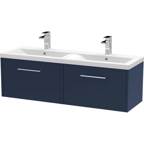 Winshill Contemporary 2 Drawer Wall Hung Vanity Unit with Double Basin, Dark Blue, 1200mm (1/4)
