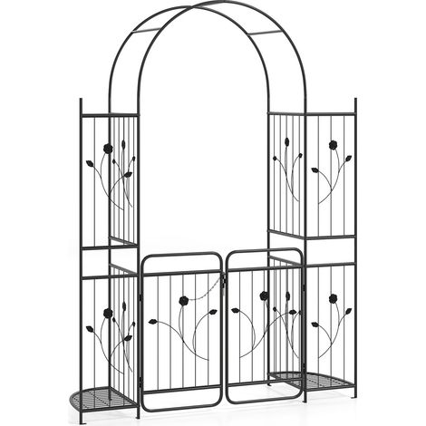 Arco da giardino in metallo con cancello e mensole per piante - Nero