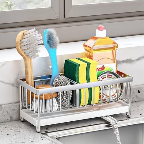 Soporte para esponjas de cocina - Organizador de fregadero de acero inoxidable - Sistema de almacenamiento multifuncional - Con bandeja antigoteo - Color primario - Para fregadero - 1 pieza (1/4)