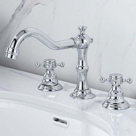 Moderne Chrom-Kupfer-Kreuzarmatur, silbernes Kreuzdesign, 3-Loch, 360° schwenkbar, XU, Waschtischarmatur, Keramik-Mischbatterie mit G1/2-Auslauf - KZQ