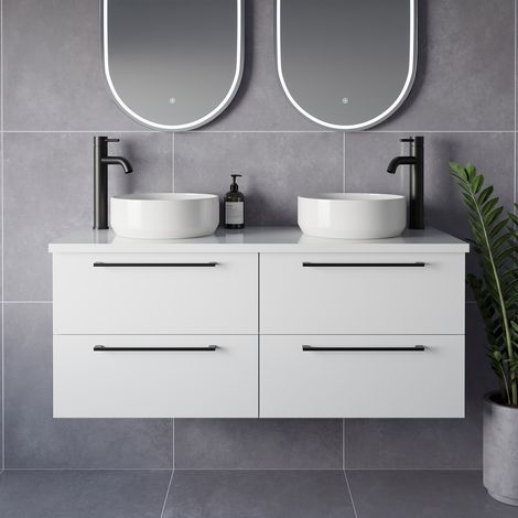 Napoli 460 Gloss White 1200mm Wall Mounted 4 Drawer Vanity Unit for Countertop Basins - 1200mm - Matt Black 320mm Handle