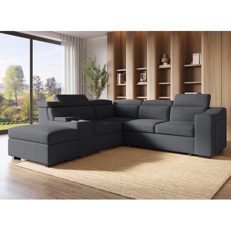 Deco In Paris – Canapé d'angle convertible gris foncé DEREK XL – 5 places – Dimensions 257x101x100 cm – Couchage 127x198 cm – Têtières relevables (1/5)