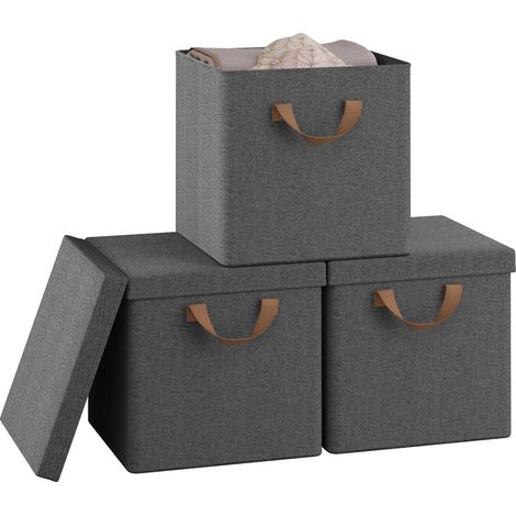 Lot de 3 Boîtes Rangement WOLTU, 30x30x29 cm, Cubes de Rangement Tissu avec Couvercle, Poignée et Cadre en Métal, Pliable, Gris