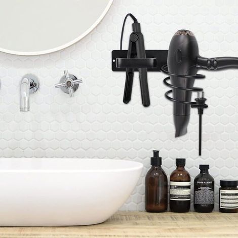 Porte Sèche Cheveux et Support de Lisseur,Support Seche Cheveux avec Range-Câbles(Pas besoin de percer des trous) (1/5)