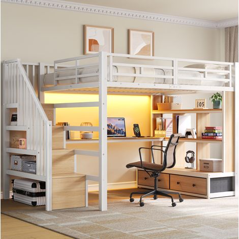Letto a soppalco 140x200 in metallo bianco con scrivania, scaffali e 2 cassetti (1/5)