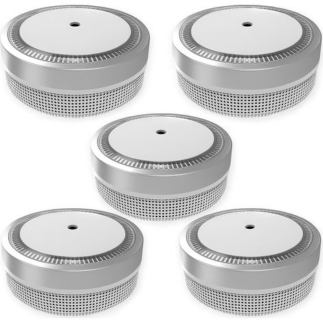 NEMAXX® M1-Mini Rauchwarnmelder/Rauchmelder Ø71,6mm, photoelektrisch, radioaktivfrei, EN14604 (AFNOR 0333), VdS G216020, 85 dB Alarm, 3V Lithium, Hush, bis zu 10 Jahre – Silber – 5x