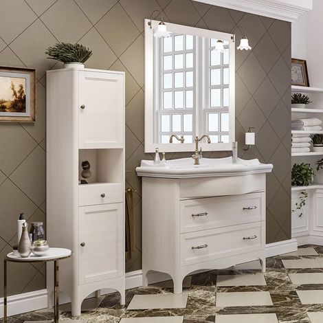 Mobile bagno a terra 115 cm bianco decape con cassetti specchio e lampade Romantica (1/5)