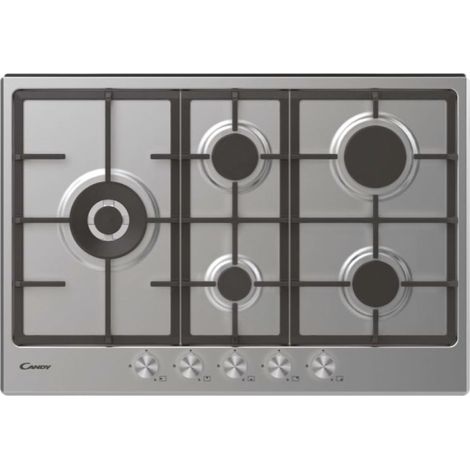 Candy CHG7WLWPX New Timeless Piano cottura Gas 75 cm 5 Fuochi Griglie in Ghisa Bruciatore Wok 4000W colore Inox (1/5)
