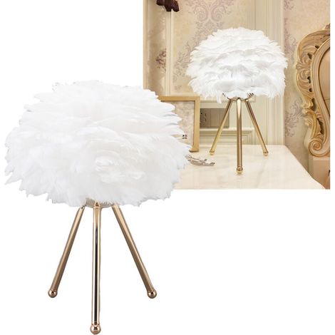 Lámpara de mesa de plumas , lámpara de noche para sala de estar, dormitorio, decoración del hogar, pantalla de plumas blancas, regalo de cumpleaños para San Valentín, lámpara de escritorio blanca (1/5)