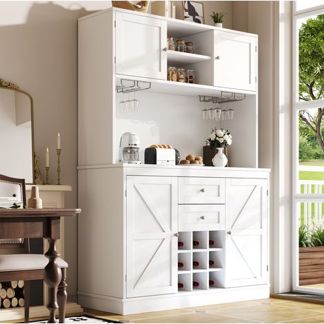 Aparador de cocina 120x40x188 cm blanco en MDF y metal con estantes ajustables y botellero (1/5)