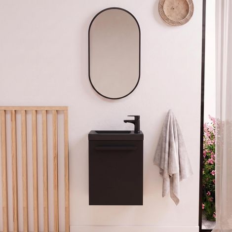 Conjunto de lavabo de pared Nevada con grifería negra y espejo ovalado (1/5)