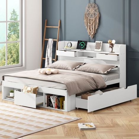 lit coffre 140x190, tiroirs coulissants lit double, ports USB, sommier inclus, structure bois massif (1/5)