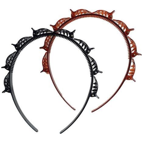 Set di 2 fasce per capelli nere e marroni con doppia frangia e piccole clip – accessori per acconciature con trecce a due strati, fascia per capelli con clip e frastagliata (1/5)