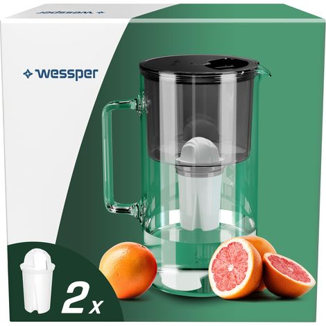 Wessper Caraffa Filtrante 2,5 litri, set di caraffa filtrante vetro con 2 filtri classic, caraffa acqua compatibile con Brita Classic, Dafi Classic -Nero (1/5)