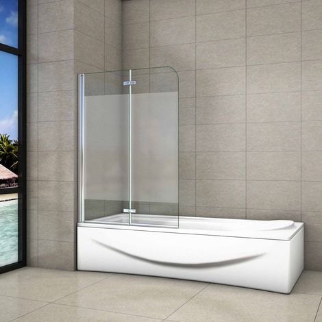 Sopravasca Parete Per Vasca Apribile 180 Gradi Montaggio verso Sinistro 100x140 cm in Vetro Temperato 6mm Trasparente Anticalcare Fascia Centrale Opaca (1/5)