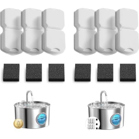 Fontaine à Eau pour Chat en Acier Inoxydable 12 filtres : Filtre de Fontaine pour Chat - Filtre Distributeur d'eau pour Animaux de Compagnie - 6 filtres à Charbon + 6 filtres en Mousse (1/5)