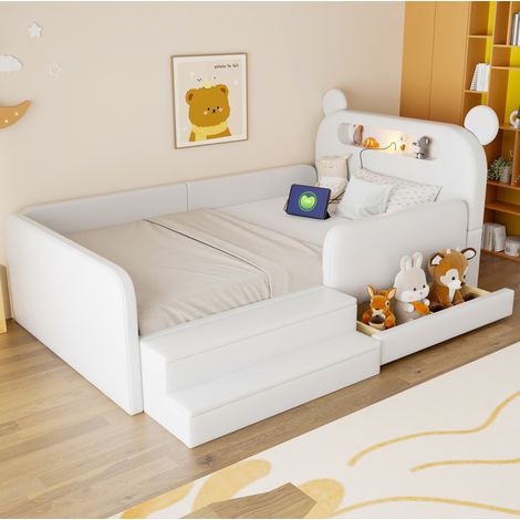 Cama infantil 90/200 cm blanca de polipiel con cabecero de oso, luz nocturna y almacenaje integrado (1/5)