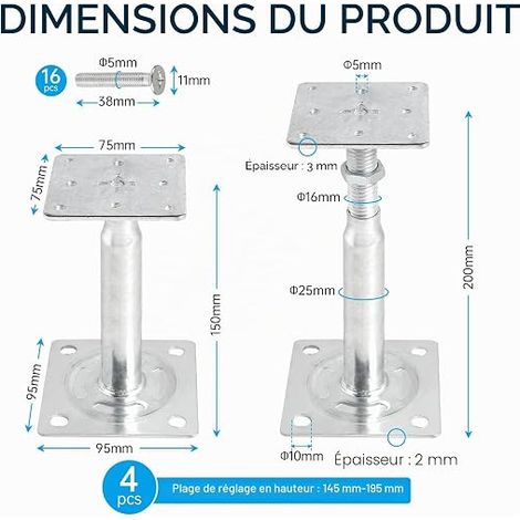 Supports de Poteau Réglables en Hauteur 150mm-200mm, Galvanisés (1/4)