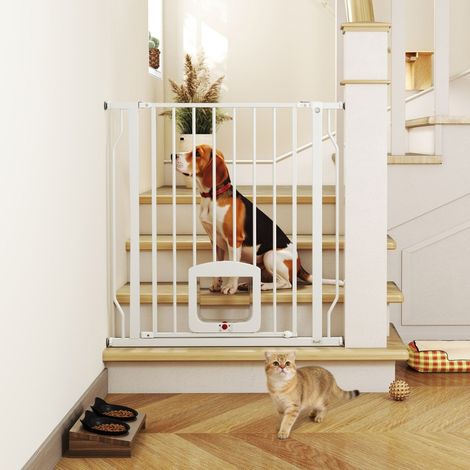 Barrière d'escalier/de porte avec chatière, sans perçage, 75-85 cm, acier, pour chiens, escaliers, porte, blanche (1/4)