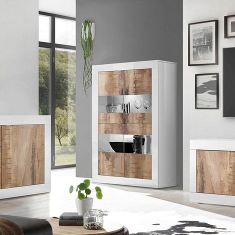 Weißer Hochglanz-Wohnzimmerschrank mit 4 Glas- und Holztüren Tina BW Basic (1/5)