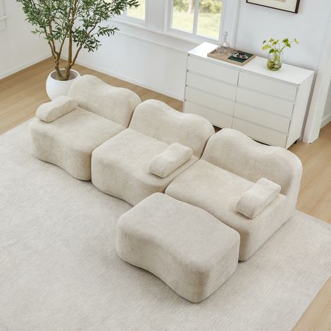 REDOM Canapé 3 places modulaire d'angle, forme ondulée, assise profonde, pouf raccordable, velours beige