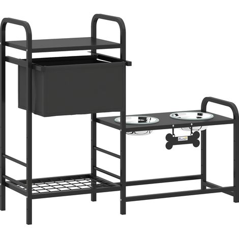 Gamelle surélevée pour chien, réglable en hauteur, avec espace de rangement pour la nourriture et l'eau, 2 gamelles de 800 ml en acier inoxydable, 89,5 x 27 x 74 cm, noire