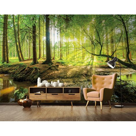 Vlies Fototapete Wald Sonne Bach Grün Natur Bäume 300x210 cm, Tapeten, für Wohn und Schlafzimmer, Vliestapete Wandtapete Tapete 3D Effekt- inkl. Kleister, WallArena