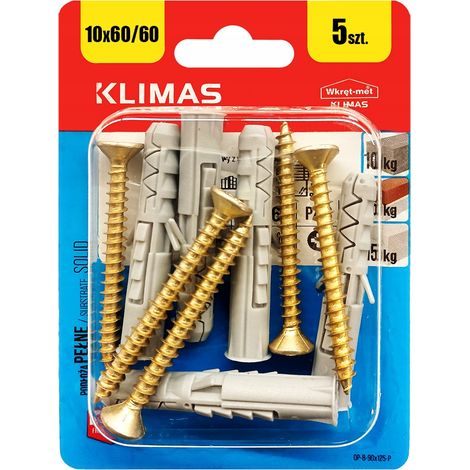 Chevilles A Expansion Klimas 10 x 60 Avec Vis 6 x 60, Tete Fraisee PZ3, Blister De 5