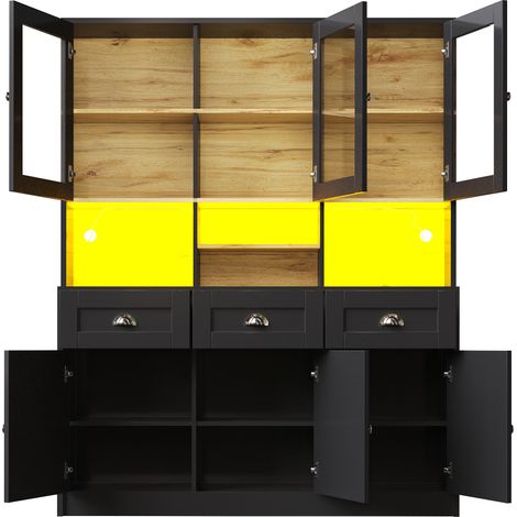 Buffet haut de cuisine 140 x 40 x 175 cm en MDF noir avec LED et étagères réglables (1/5)